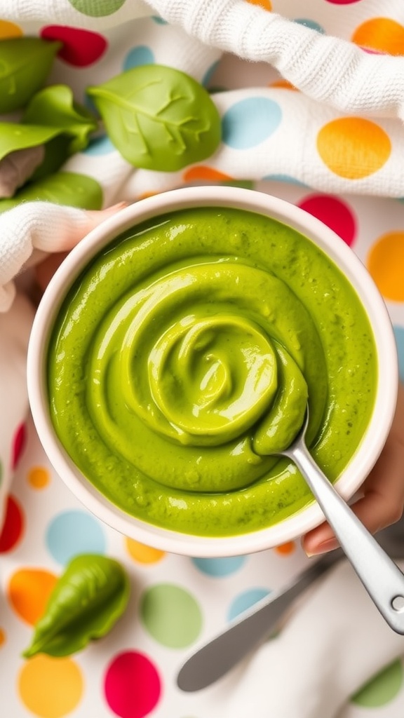 A bowl of spinach puree for a baby, with a spoon nearby, on a colorful baby blanket.